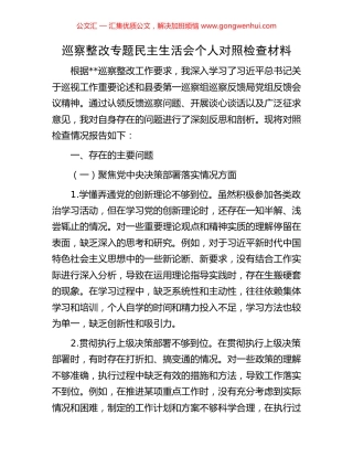 巡察整改专题民主生活会个人对照检查材料