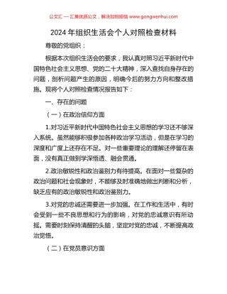 2024年组织生活会个人对照检查材料
