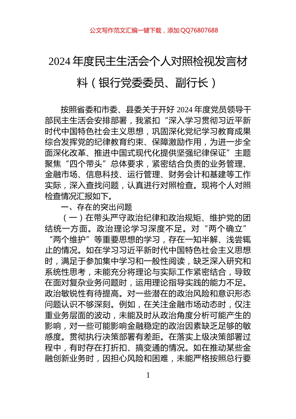 2024年度民主生活会个人对照检视发言材料（银行党委委员、副行长）_第1页