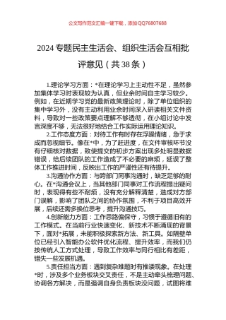 2024专题民主生活会、组织生活会互相批评意见（共38条）