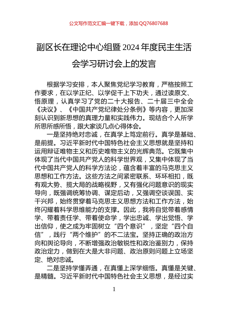 副区长在理论中心组暨2024年度民主生活会学习研讨会上的发言_第1页
