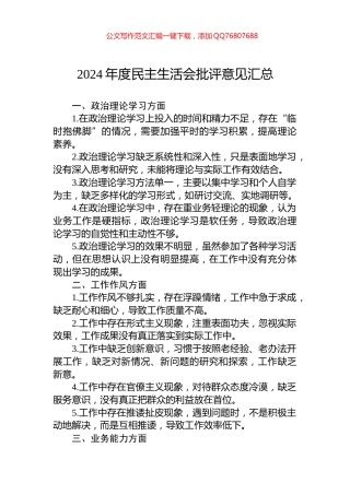 2024年度民主生活会批评意见汇总