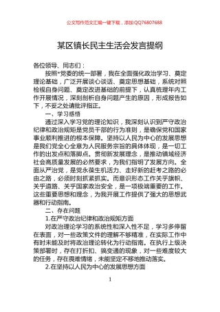某区镇长民主生活会发言提纲