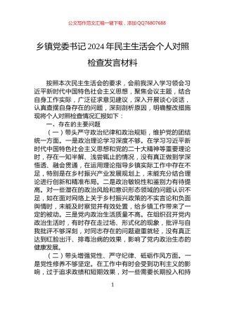 乡镇党委书记2024年民主生活会个人对照检查发言材料