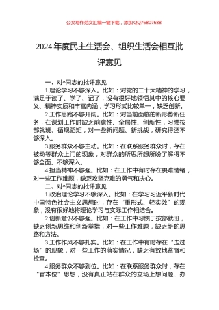 2024年度民主生活会、组织生活会相互批评意见