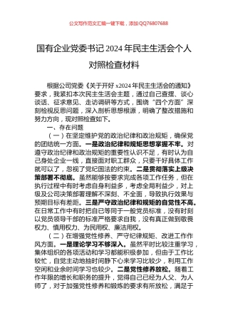 国有企业党委书记2024年民主生活会个人对照检查材料