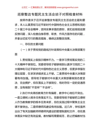 巡察整改专题民主生活会班子对照检查材料