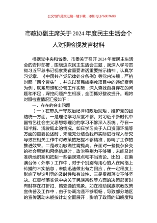 市政协副主席关于2024年度民主生活会个人对照检视发言材料