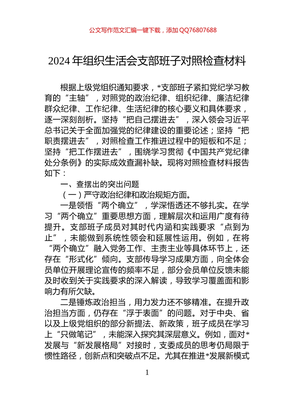 2024年组织生活会支部班子对照检查材料_第1页