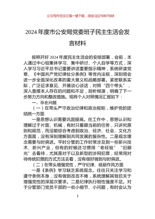 2024年度市公安局党委班子民主生活会发言材料