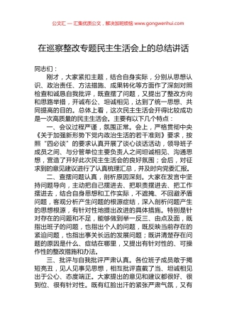 在巡察整改专题民主生活会上的总结讲话