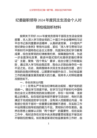 纪委副职领导2024年度民主生活会个人对照检视剖析材料