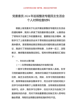 党委委员2024年巡视整改专题民主生活会个人对照检查材料