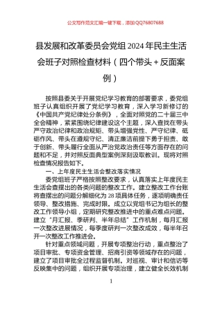 县发展和改革委员会党组2024年民主生活会班子对照检查材料（四个带头＋反面案例）