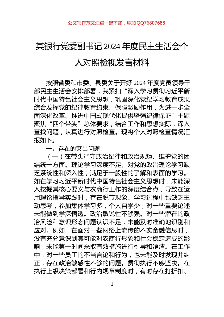 某银行党委副书记2024年度民主生活会个人对照检视发言材料_第1页