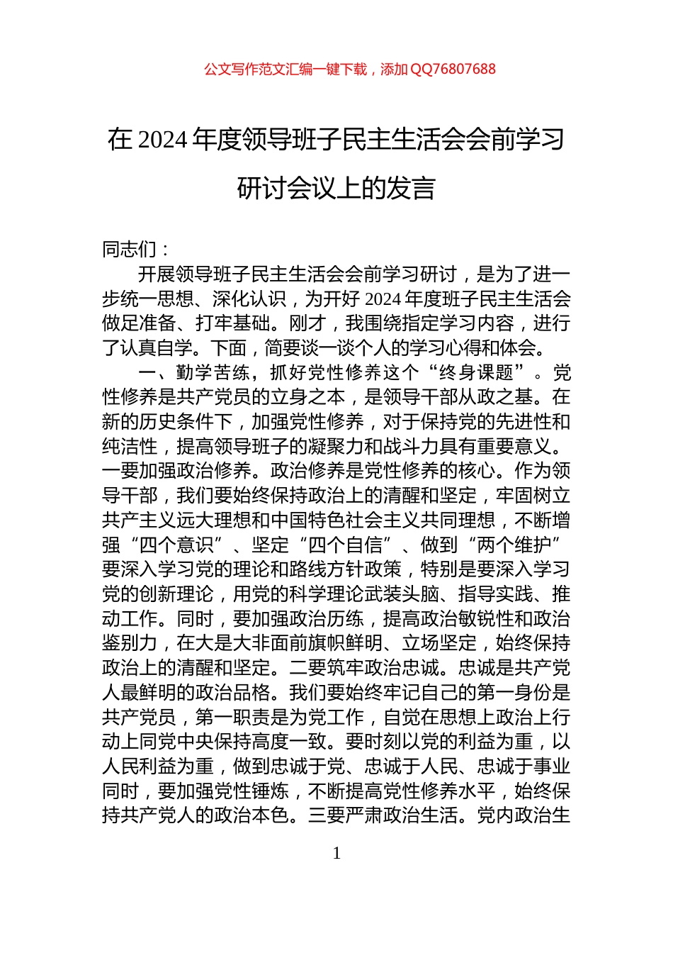 在2024年度领导班子民主生活会会前学习研讨会议上的发言_第1页