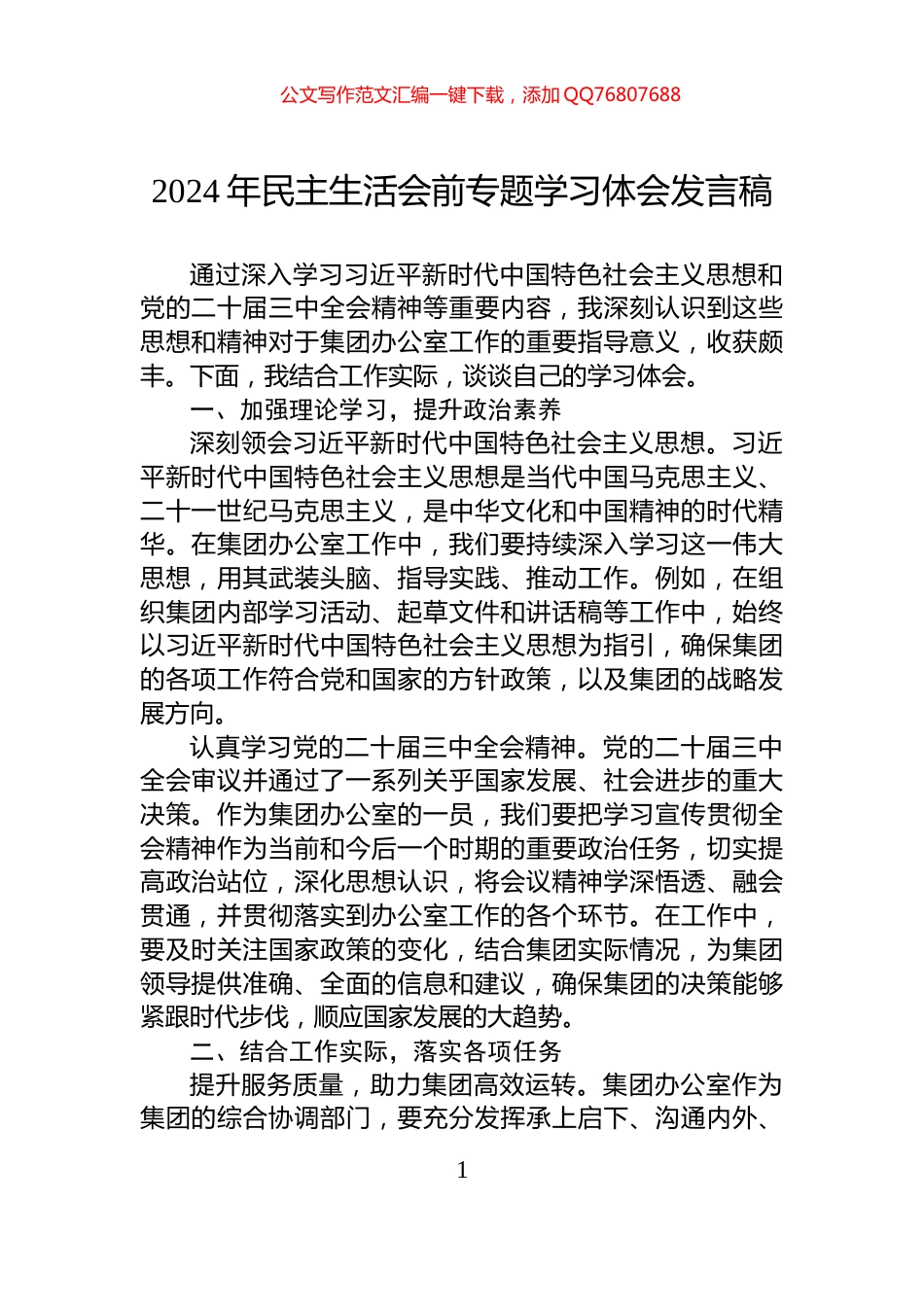 2024年民主生活会前专题学习体会发言稿_第1页