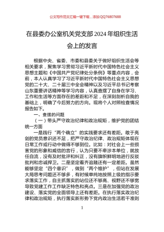在县委办公室机关党支部2024年组织生活会上的发言