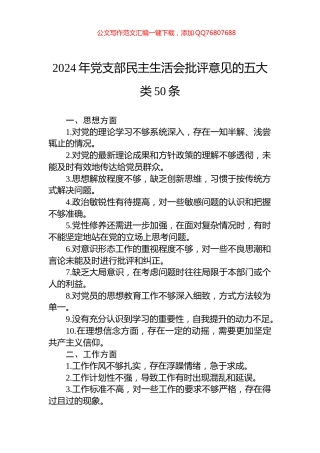 2024年党支部民主生活会批评意见的五大类50条