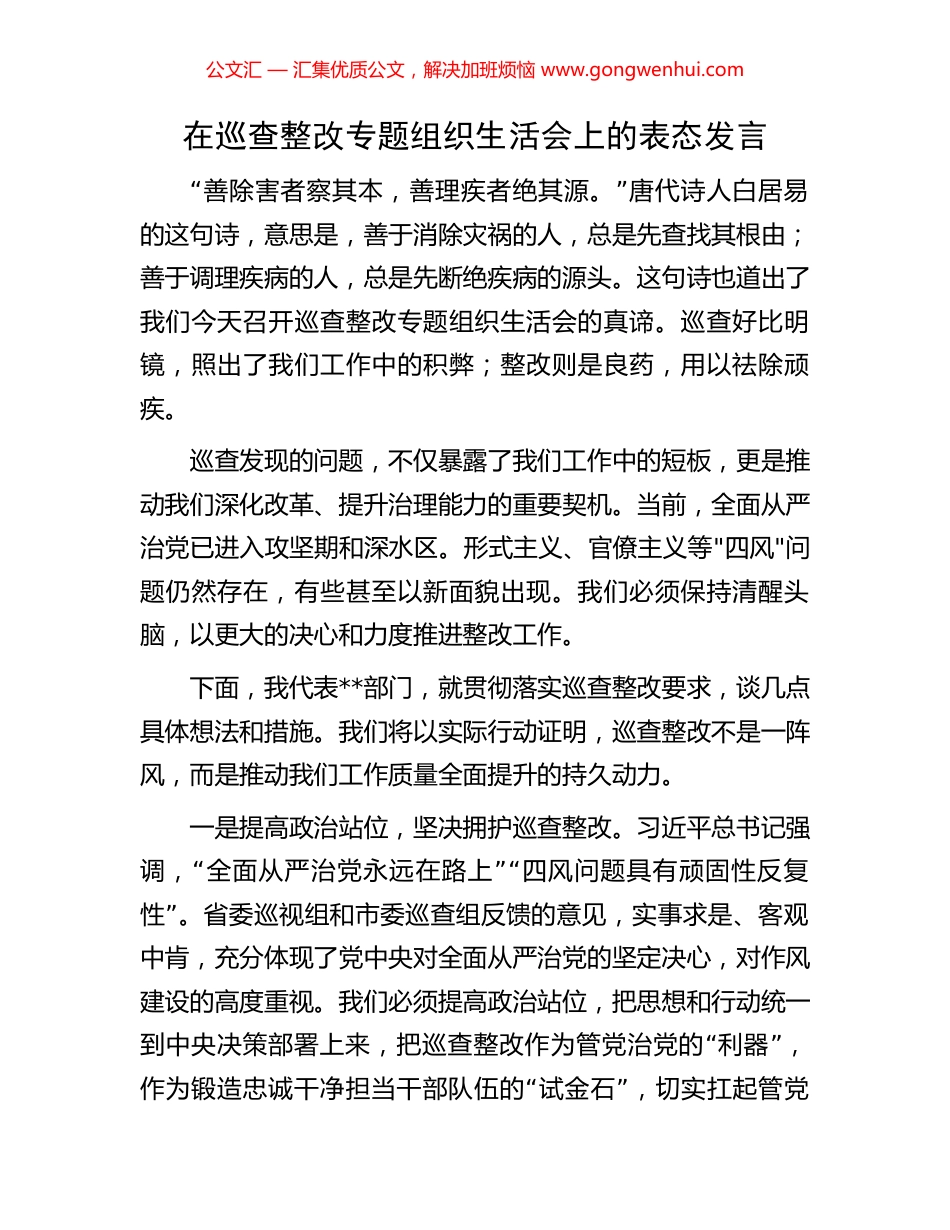 在巡查整改专题组织生活会上的表态发言_第1页