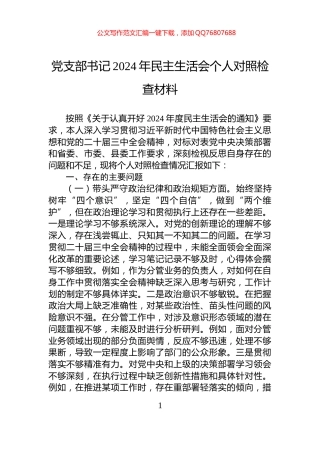 党支部书记2024年民主生活会个人对照检查材料