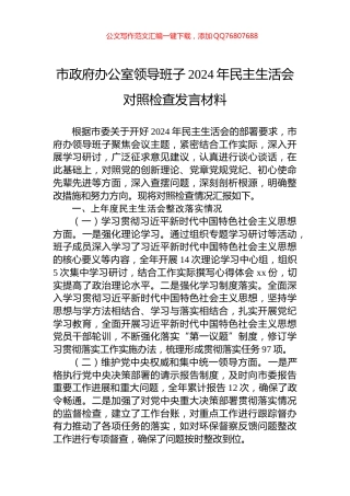 市政府办公室领导班子2024年民主生活会对照检查发言材料
