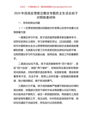 2024年巡视反馈意见整改专题民主生活会班子对照检查材料