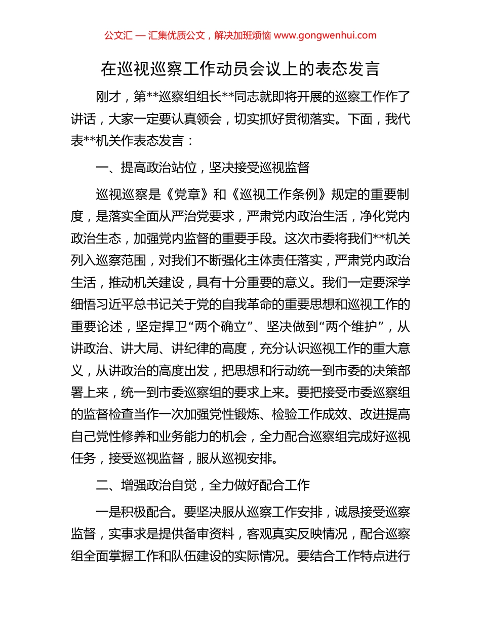 在巡视巡察工作动员会议上的表态发言_第1页