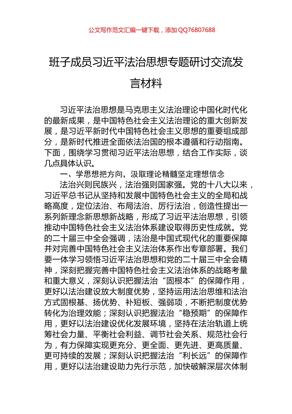 班子成员习近平法治思想专题研讨交流发言材料_第1页