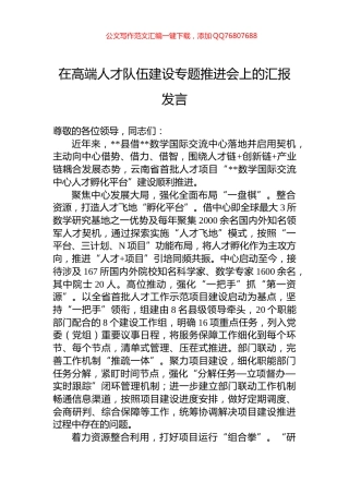 在高端人才队伍建设专题推进会上的汇报发言