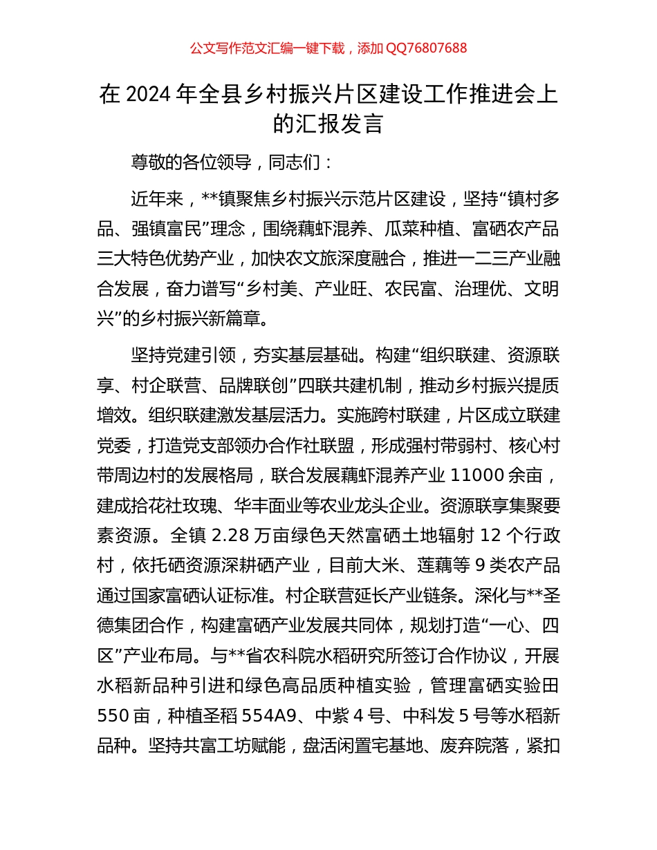 在2024年全县乡村振兴片区建设工作推进会上的汇报发言_第1页