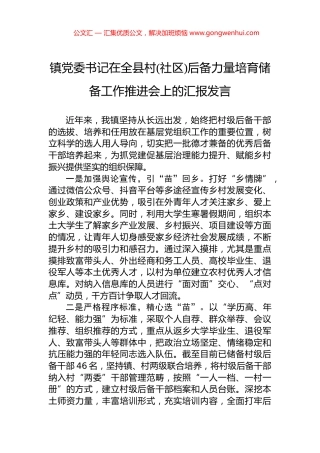 镇党委书记在全县村(社区)后备力量培育储备工作推进会上的汇报发言 (2)