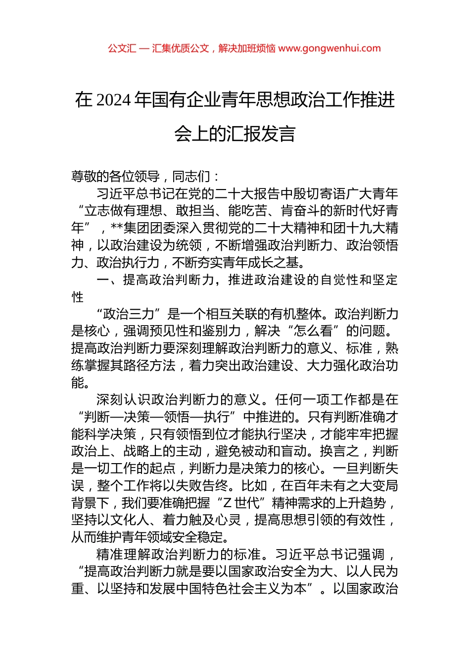 在2024年国有企业青年思想政治工作推进会上的汇报发言_第1页