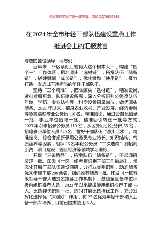 在2024年全市年轻干部队伍建设重点工作推进会上的汇报发言