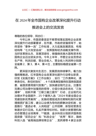 在2024年全市国有企业改革深化提升行动推进会上的交流发言