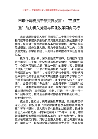 市审计局党员干部交流发言：“三抓三重”助力机关党建与深化改革同向同行