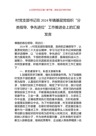 村党支部书记在2024年镇基层党组织“分类指导、争先进位”工作推进会上的汇报发言