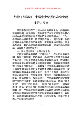 纪检干部学习二十届中央纪委四次全会精神研讨发言