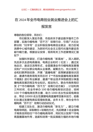 在2024年全市电商创业就业推进会上的汇报发言