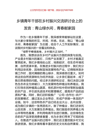 乡镇青年干部在乡村振兴交流研讨会上的发言：青山绿水间，青春献家园