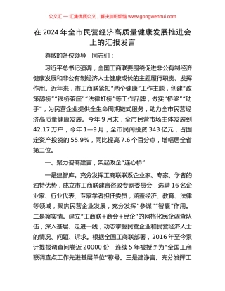 在2024年全市民营经济高质量健康发展推进会上的汇报发言