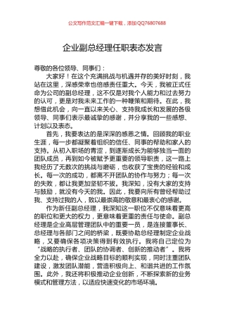 企业副总经理任职表态发言