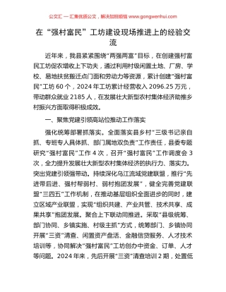 在“强村富民”工坊建设现场推进上的经验交流