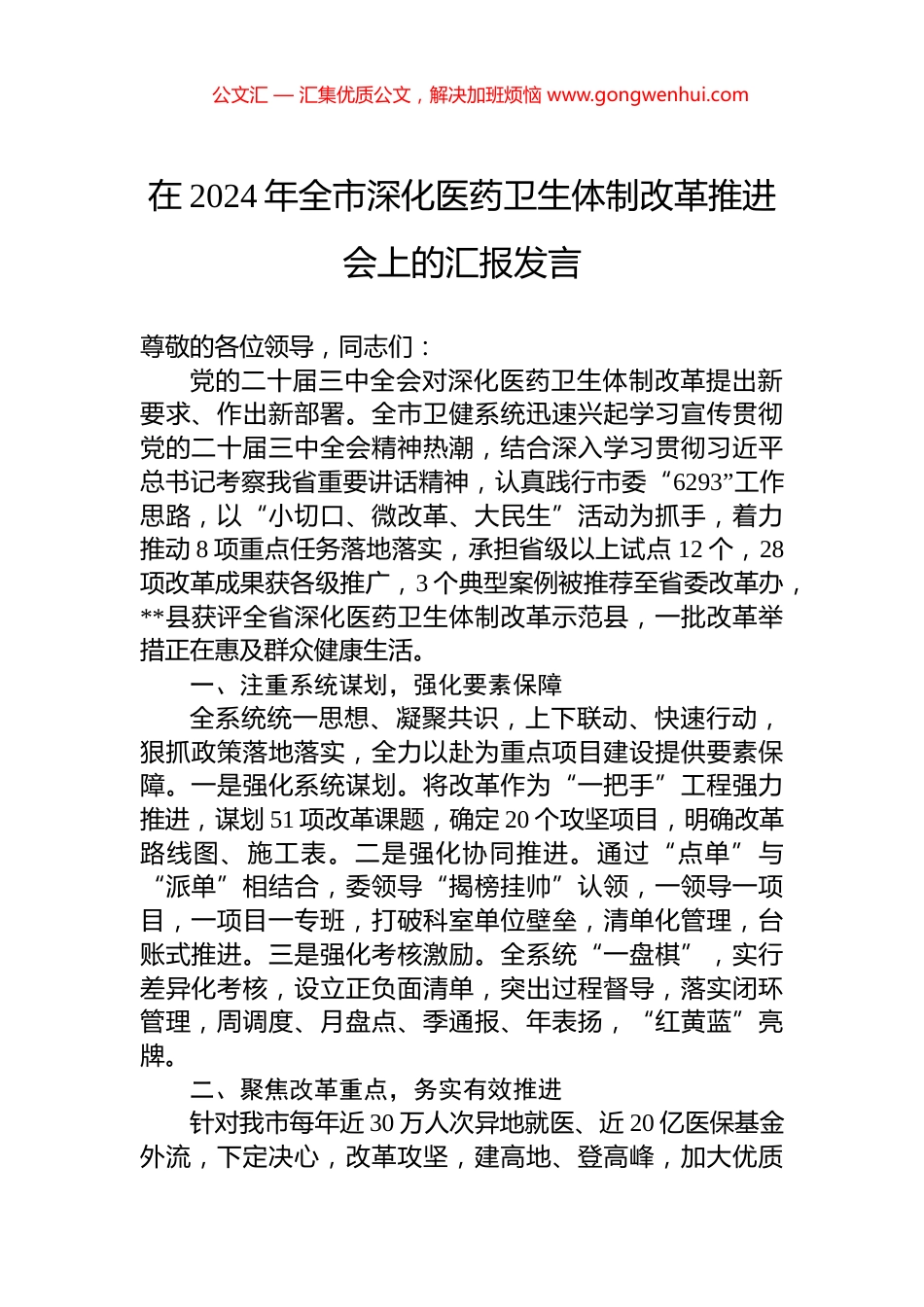 在2024年全市深化医药卫生体制改革推进会上的汇报发言_第1页