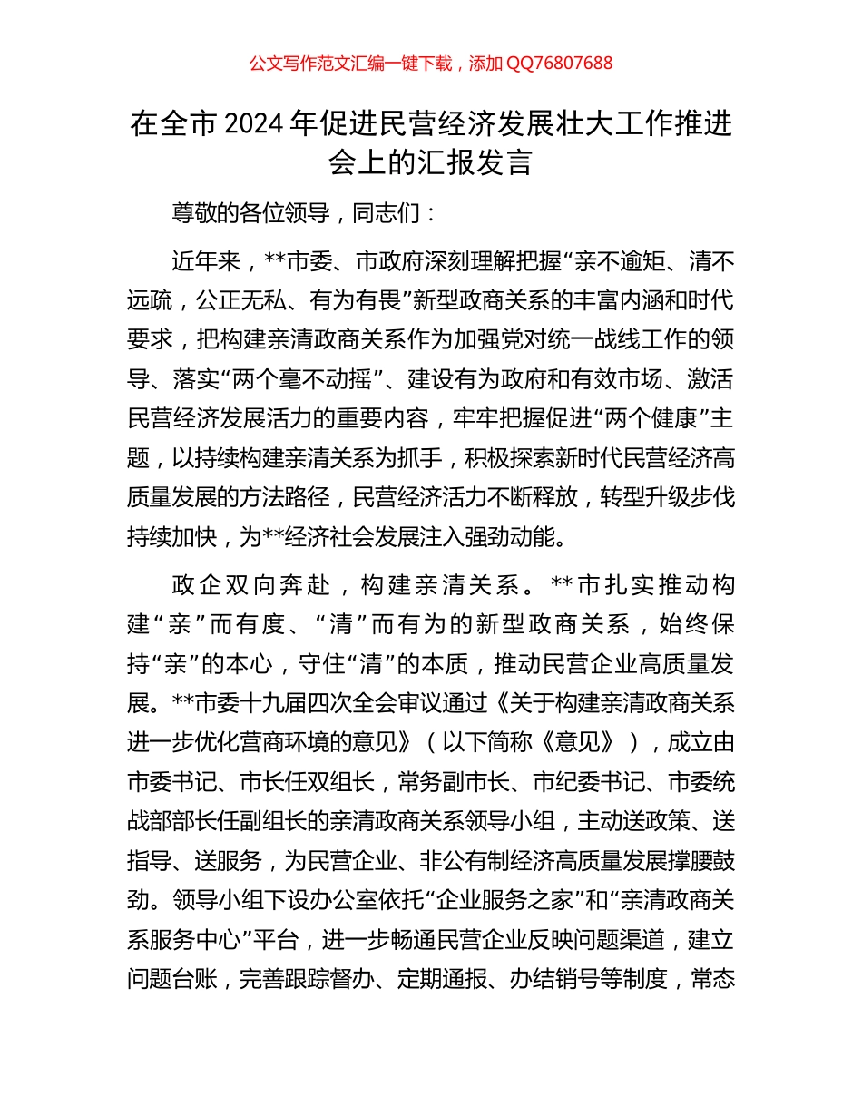 在全市2024年促进民营经济发展壮大工作推进会上的汇报发言_第1页