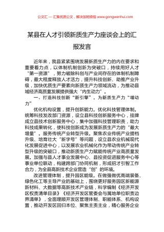 某县在人才引领新质生产力座谈会上的汇报发言