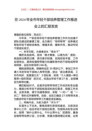 在2024年全市年轻干部培养管理工作推进会上的汇报发言