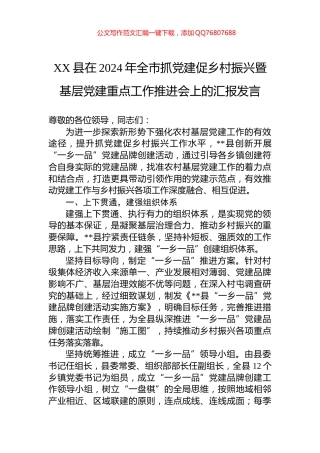 XX县在2024年全市抓党建促乡村振兴暨基层党建重点工作推进会上的汇报发言