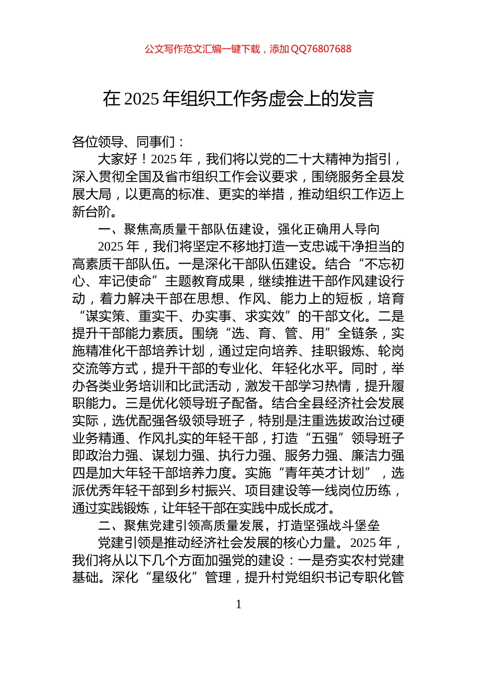 在2025年组织工作务虚会上的发言_第1页