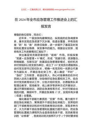 在2024年全市应急管理工作推进会上的汇报发言